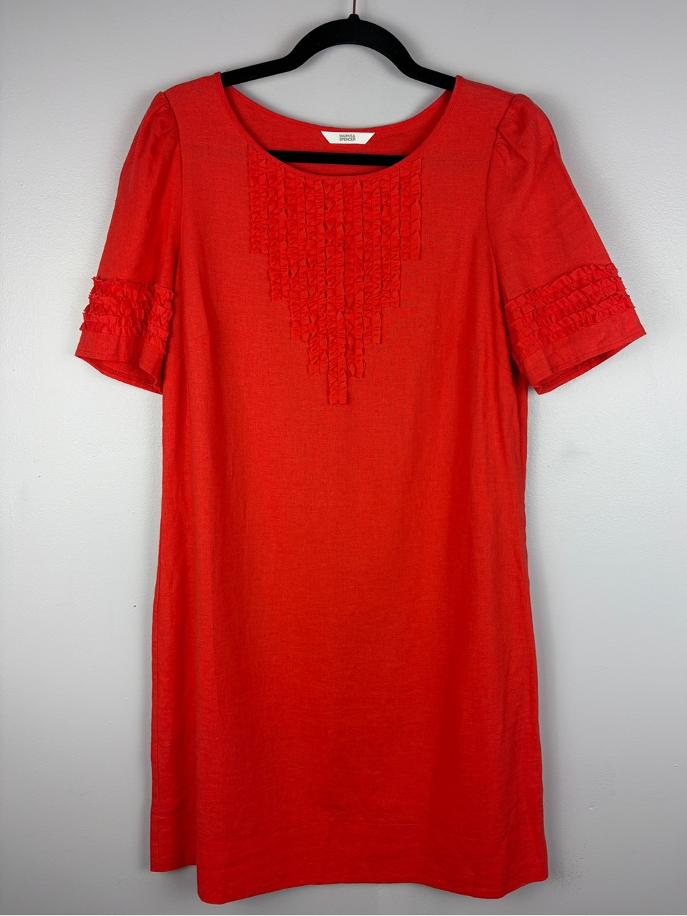 Marks & Spencer Red Orange Linen Blend Ruffle Shift Dress UK 12